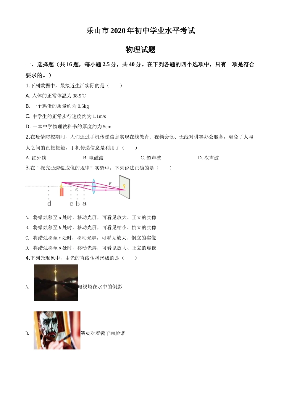精品解析：2020年四川省乐山市中考物理试题（原卷版）.doc_第1页