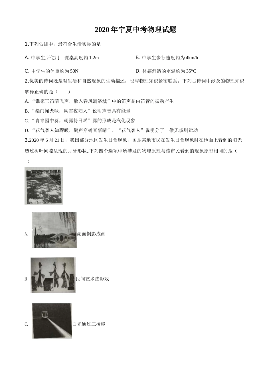 精品解析：2020年宁夏中考物理试题（原卷版）.doc_第1页
