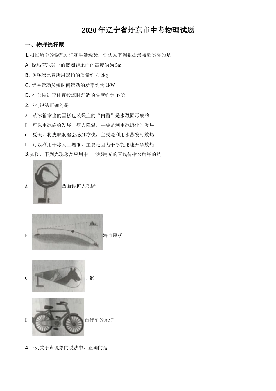 精品解析：2020年辽宁省丹东市中考物理试题（原卷版）.doc_第1页