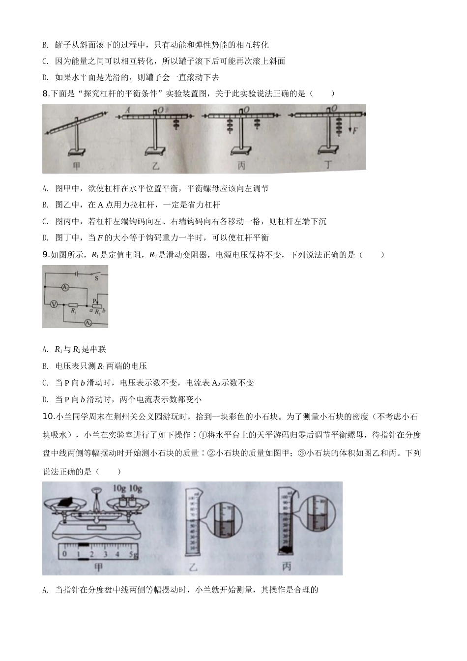 精品解析：2020年湖北省荆州市中考物理试题（原卷版）.doc_第2页