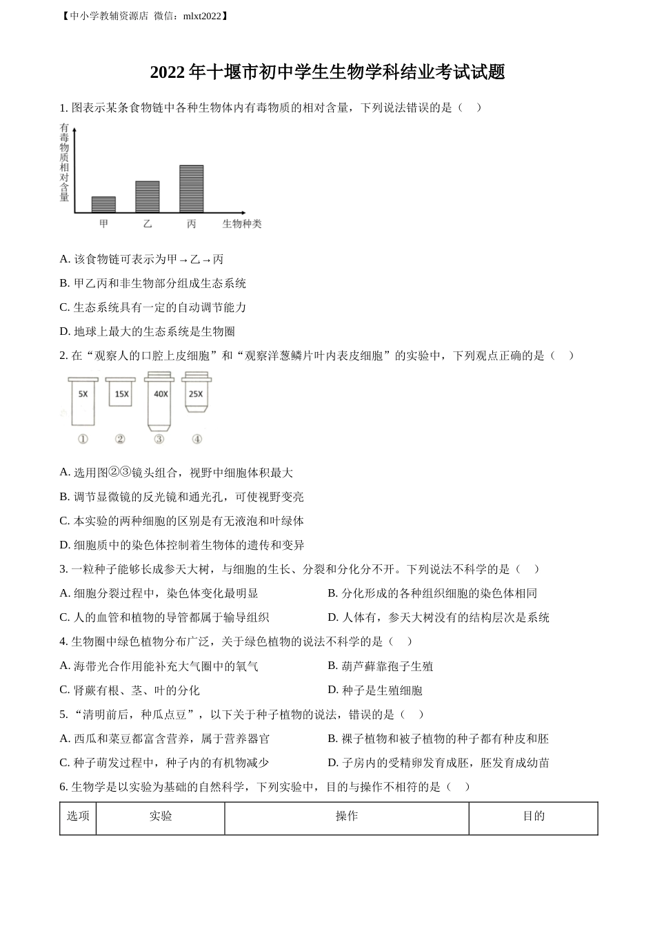 精品解析：2022年湖北省十堰市结业考试生物试题（原卷版）.docx_第1页