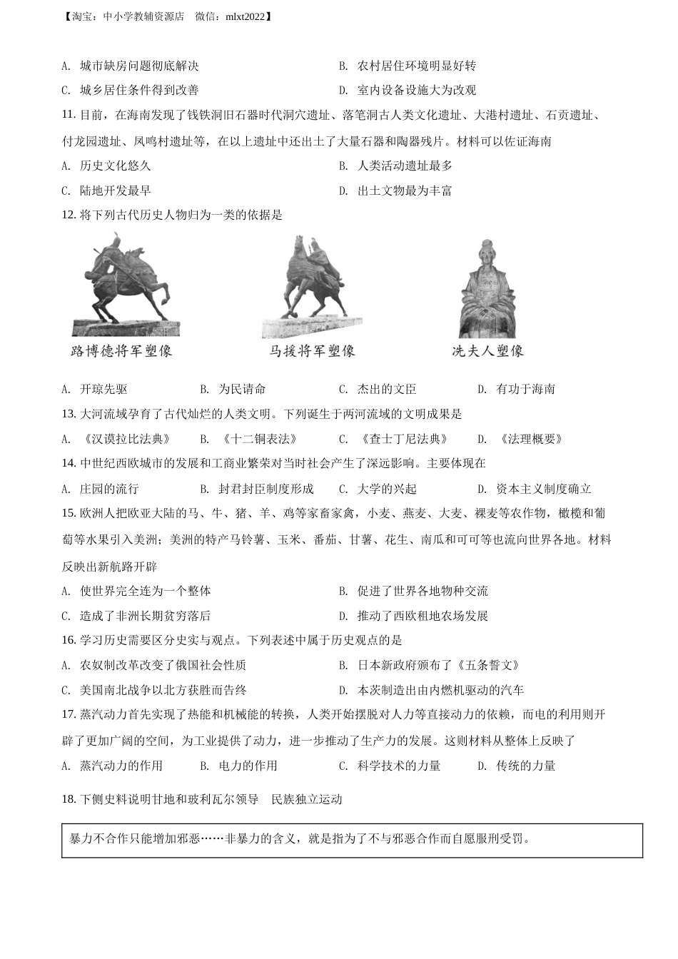 精品解析：2022年海南省中考历史真题（原卷版）.docx_第3页