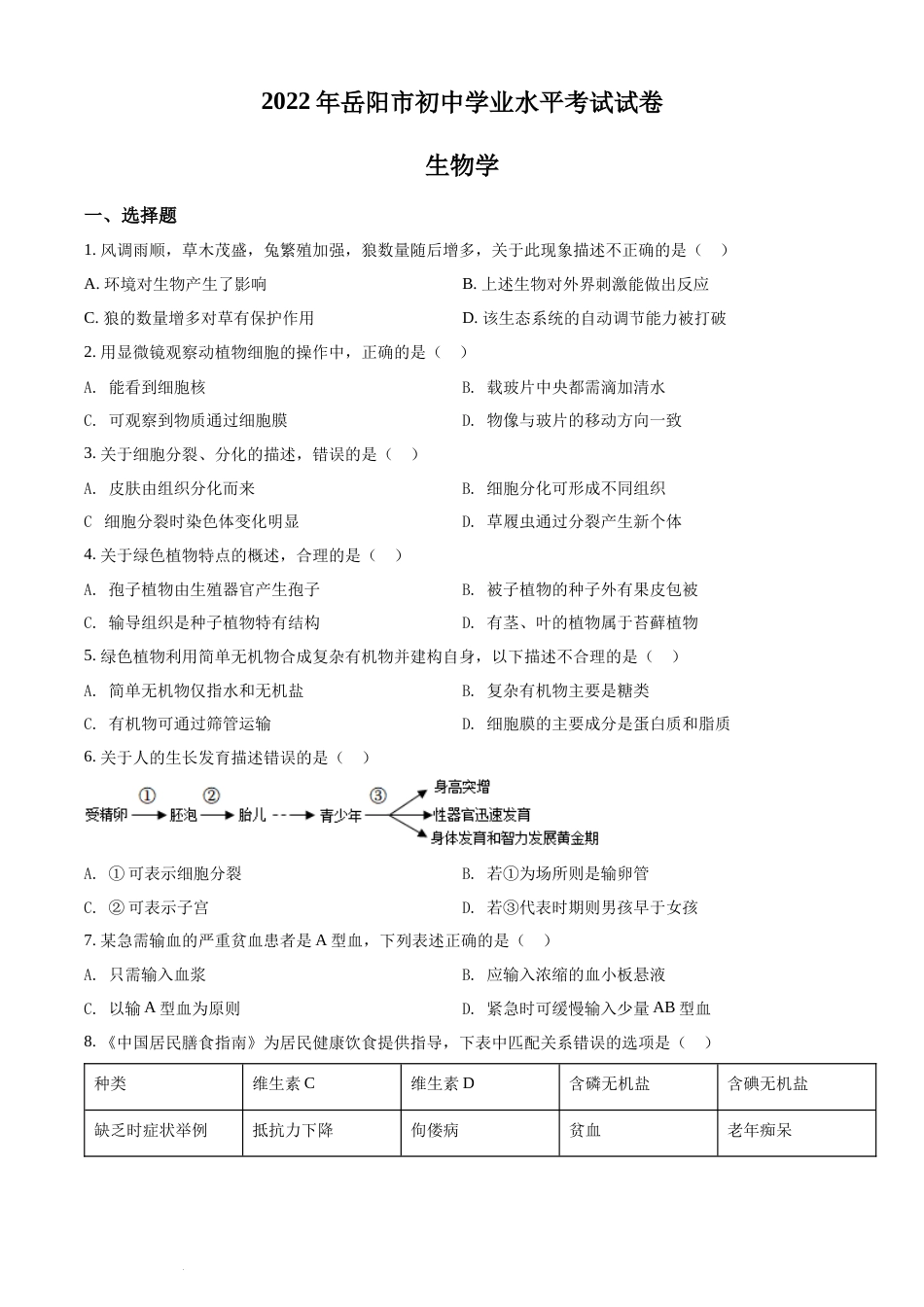 精品解析：2022年湖南省岳阳市中考生物真题（原卷版）(1).docx_第1页