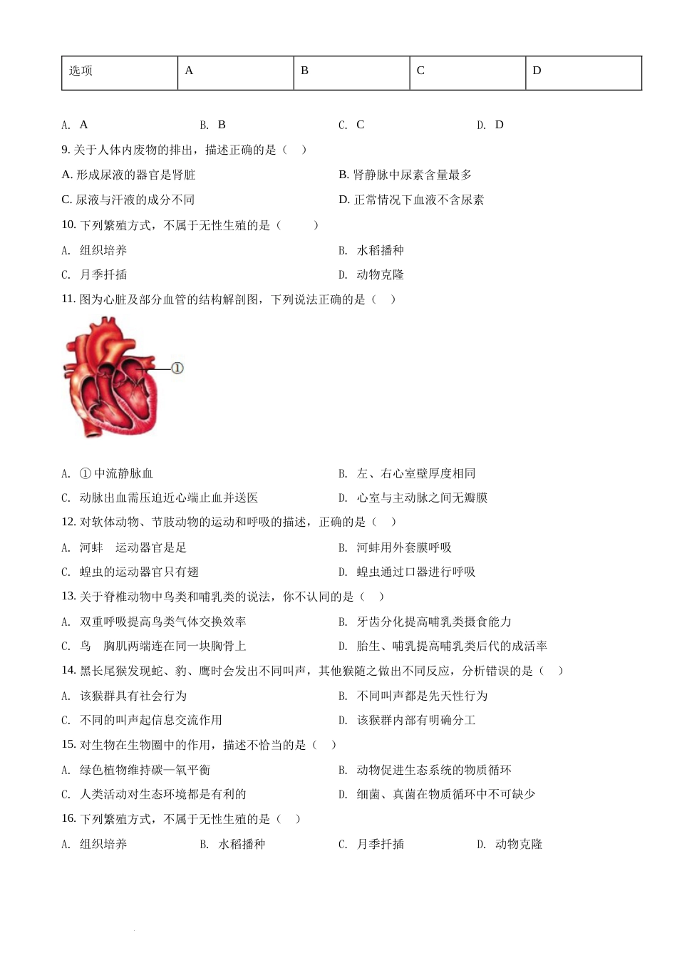 精品解析：2022年湖南省岳阳市中考生物真题（原卷版）(1).docx_第2页