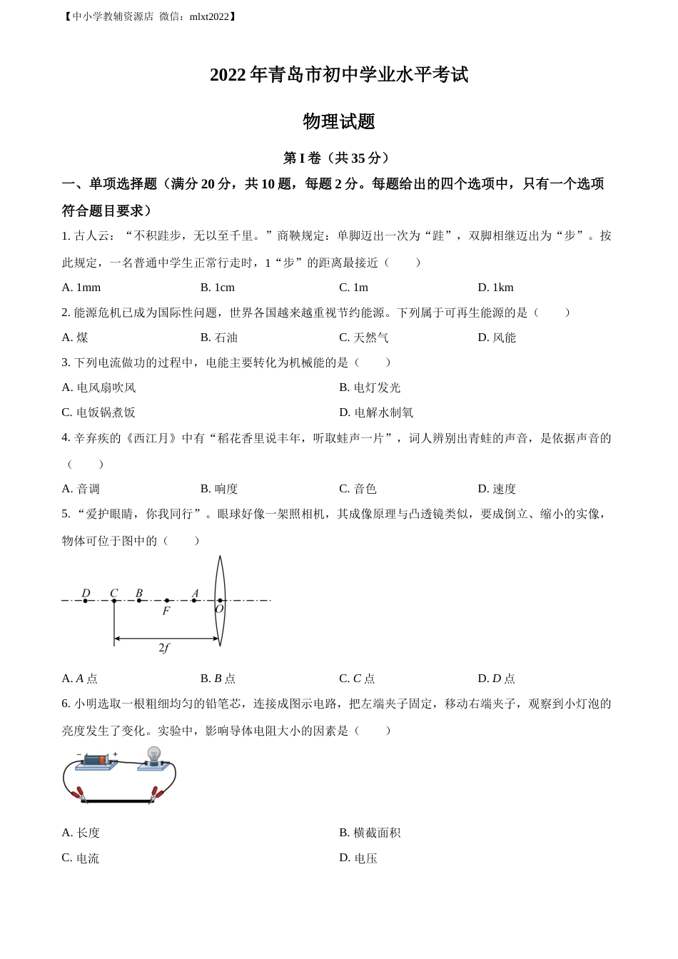 精品解析：2022年山东省青岛市中考物理试题（原卷版）.docx_第1页