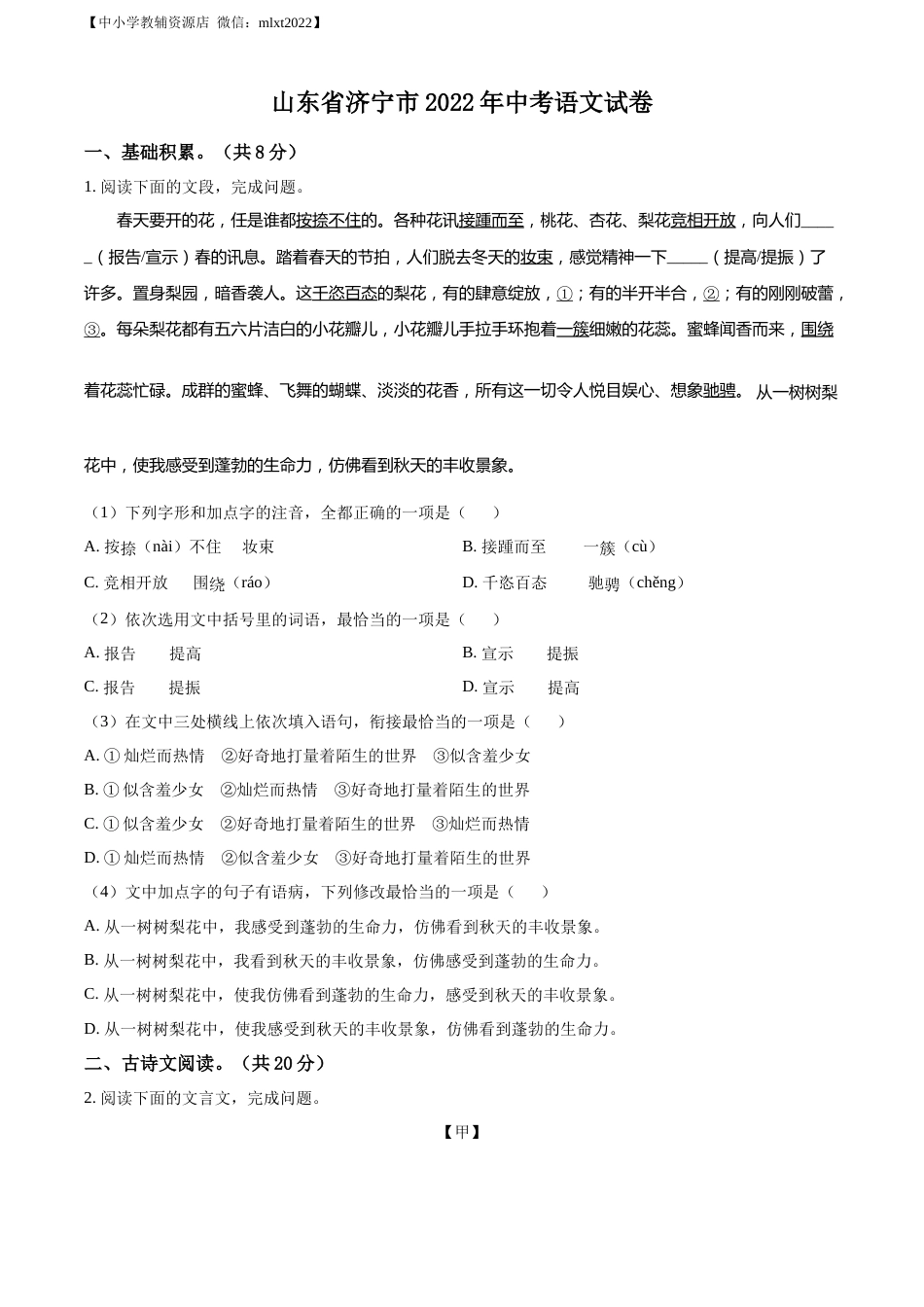 精品解析：2022年山东省济宁市中考语文真题（原卷版）.docx_第1页