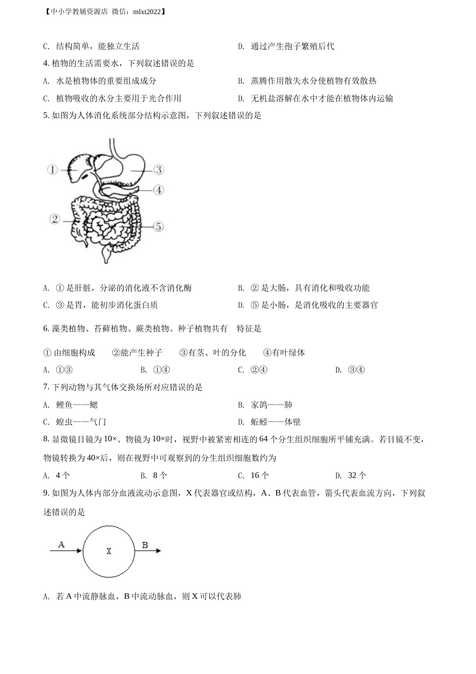 精品解析：2022年山东省济南市中考生物真题（原卷版）.docx_第2页