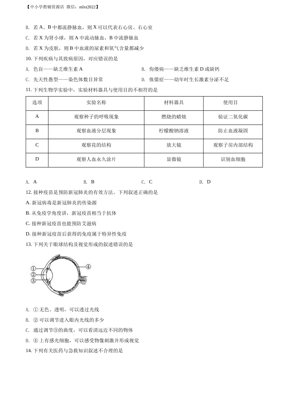 精品解析：2022年山东省济南市中考生物真题（原卷版）.docx_第3页