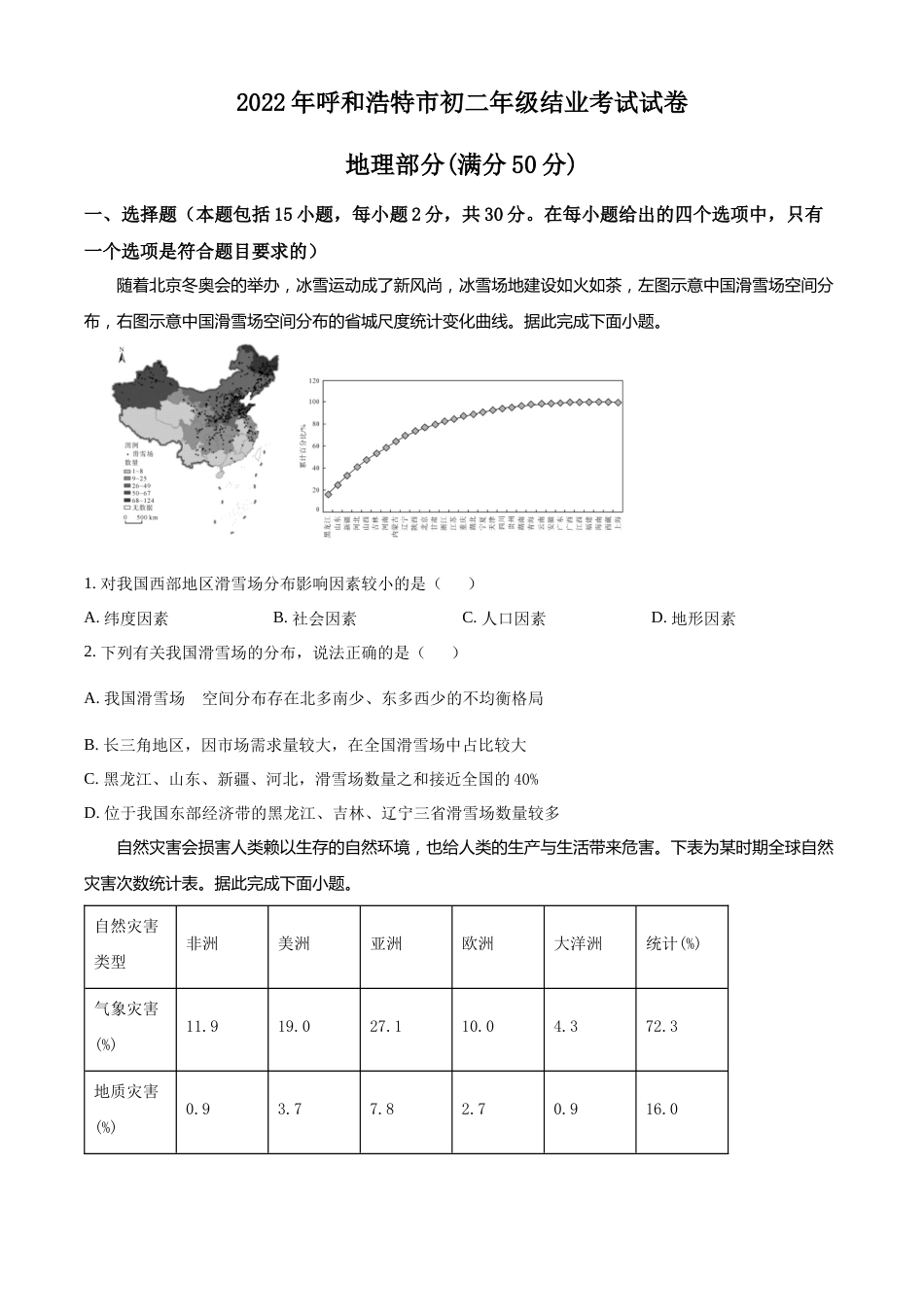 精品解析：2022年内蒙古呼和浩特市中考地理真题（原卷版）.docx_第1页