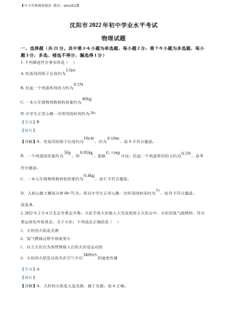 精品解析：2022年辽宁省沈阳市中考物理试题（解析版）.docx