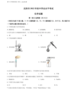 精品解析：2022年辽宁省沈阳市中考化学真题（原卷版）.docx