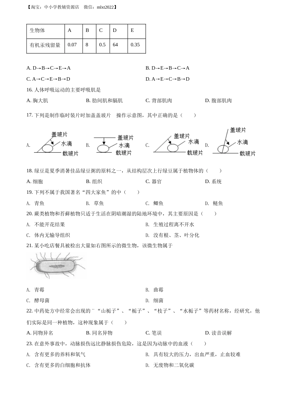 精品解析：2022年江苏省无锡市初中学业水平考查生物试题（原卷版）.docx_第2页