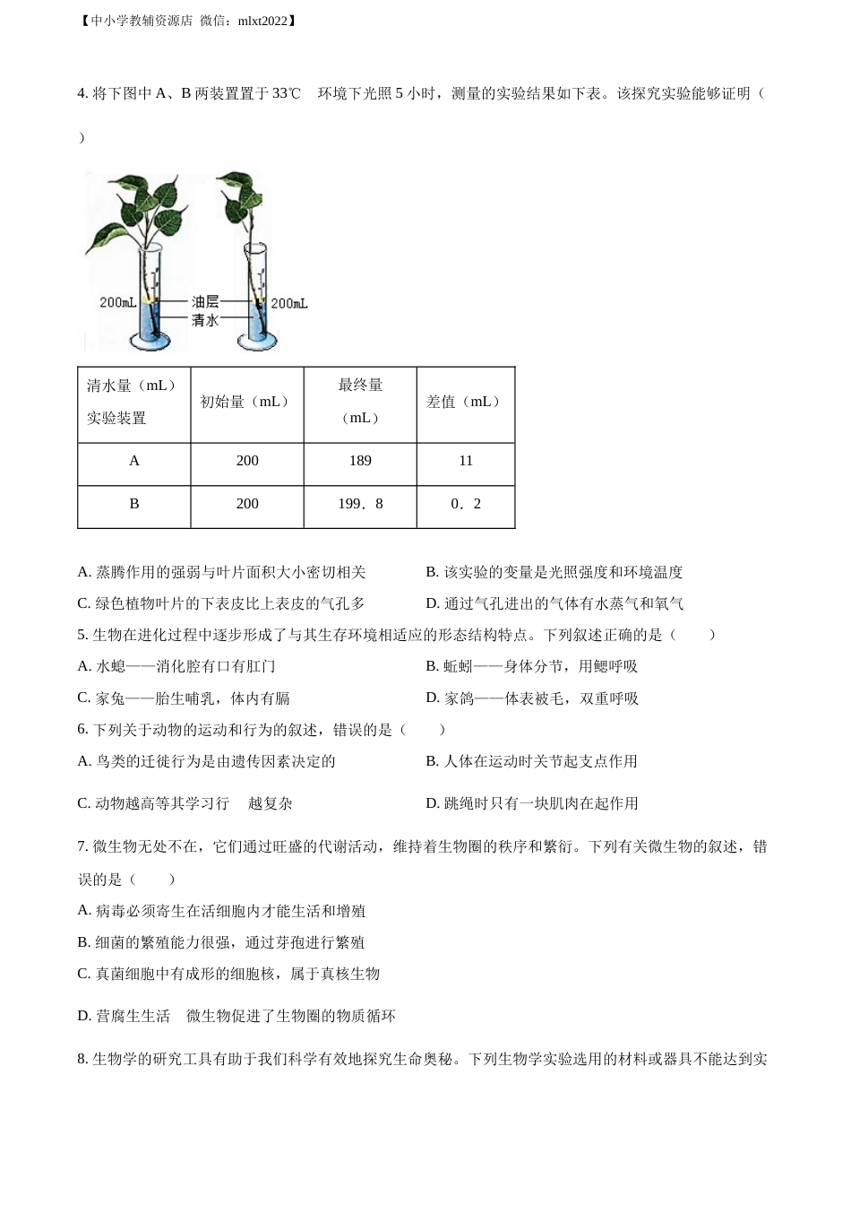 精品解析：2022年山东省枣庄市中考生物真题（原卷版）.docx_第2页