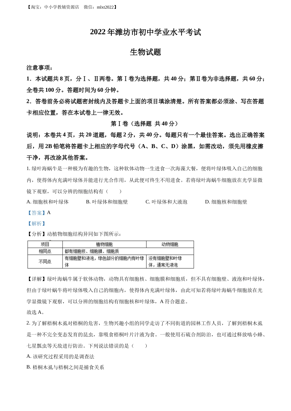 精品解析：2022年山东省潍坊市中考生物真题（解析版）.docx_第1页