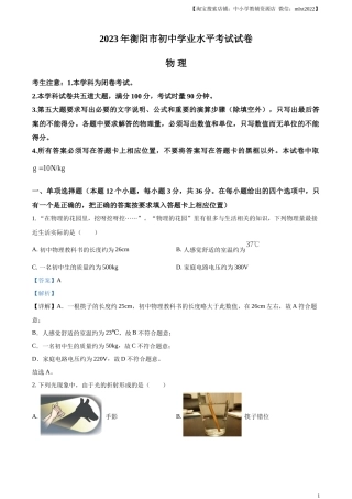 精品解析：2023年湖南省衡阳市中考物理试题（解析版）.docx
