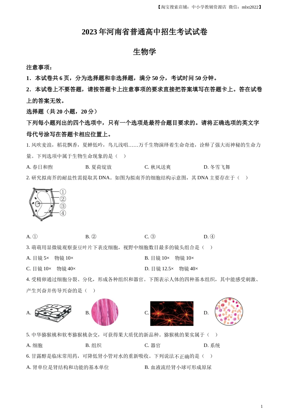 精品解析：2023年河南省中考生物真题（原卷版）.docx_第1页