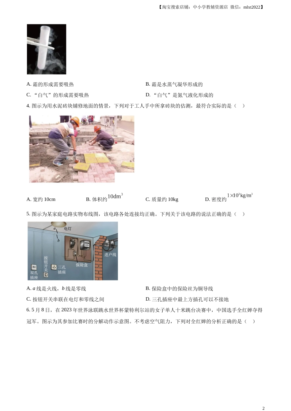 精品解析：2023年山东省潍坊市中考物理真题（原卷版）.docx_第2页