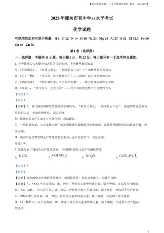 精品解析：2023年山东省潍坊市中考化学真题（解析版）.docx