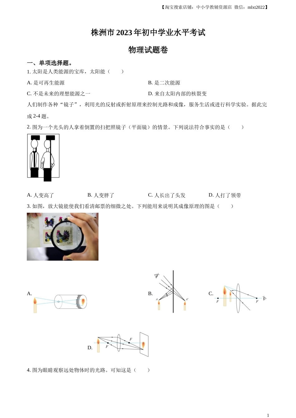 精品解析：2023年湖南省株洲市中考物理试题（原卷版）.docx_第1页