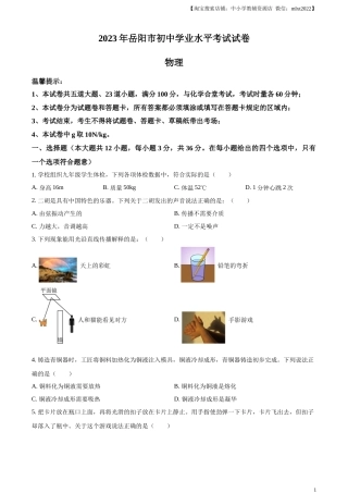精品解析：2023年湖南省岳阳市中考物理真题（原卷版）.docx