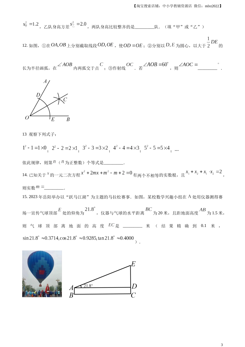 精品解析：2023年湖南省岳阳市中考数学真题（原卷版）.docx_第3页