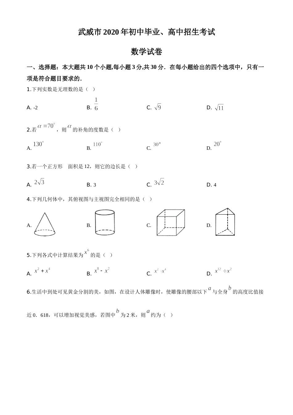 精品解析：甘肃省武威市2020年中考数学试题（原卷版）.doc_第1页