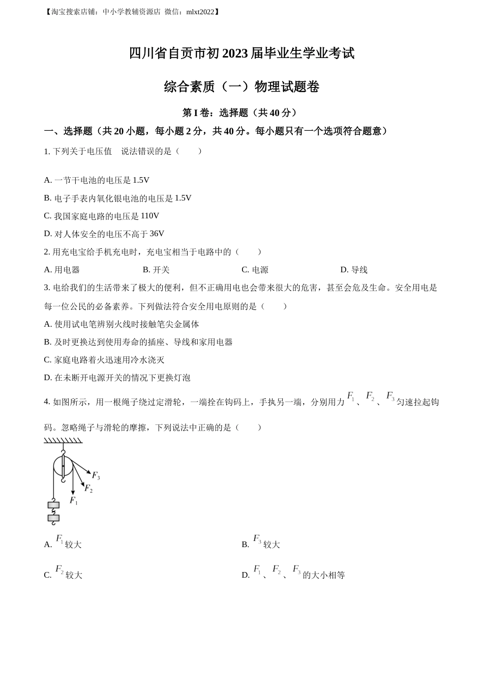 精品解析：2023年四川省自贡市中考物理试题（原卷版）.docx_第1页
