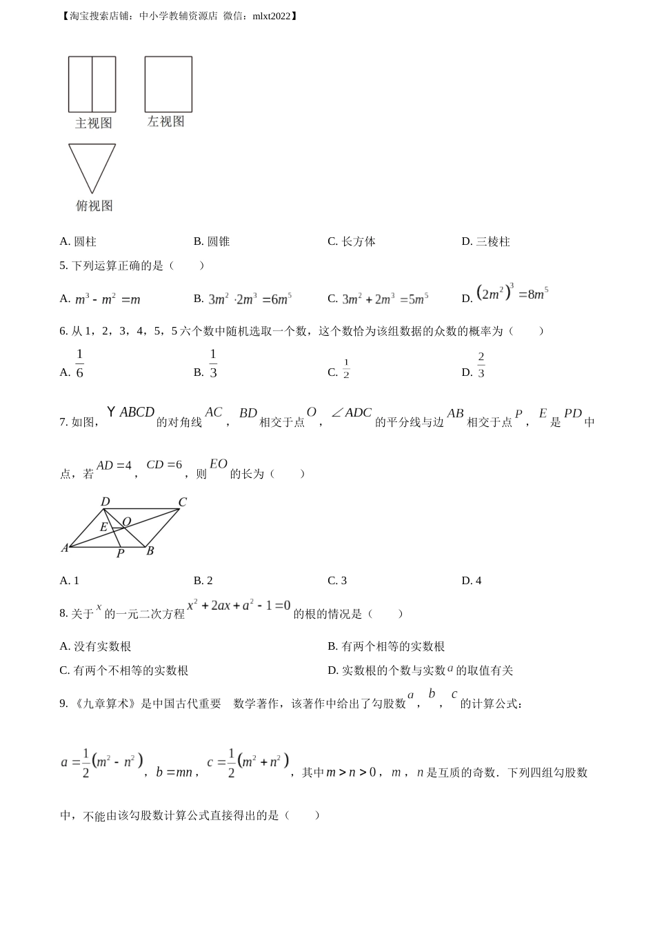 精品解析：2023年四川省泸州市中考数学真题（原卷版）.docx_第2页