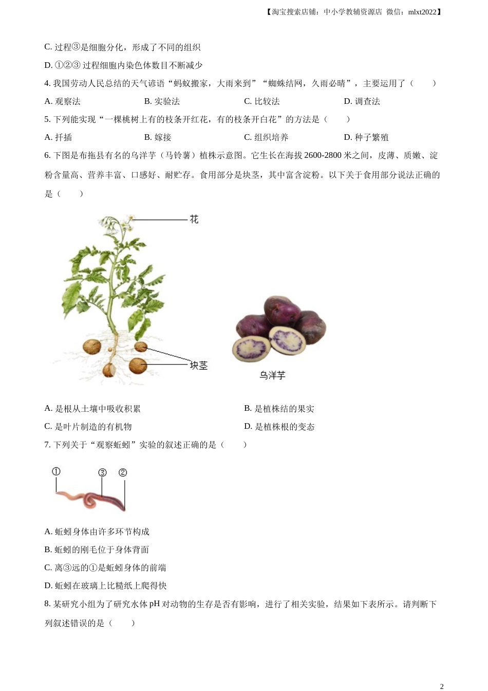 精品解析：2023年四川省凉山彝族自治州中考生物真题（原卷版）(1).docx_第2页