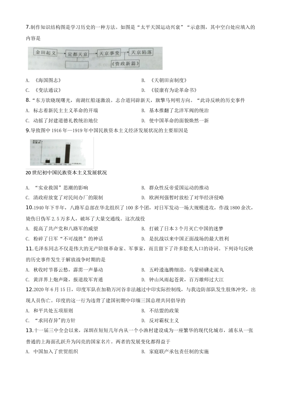精品解析：湖南省益阳市2020年中考历史试题（原卷版）.doc_第2页