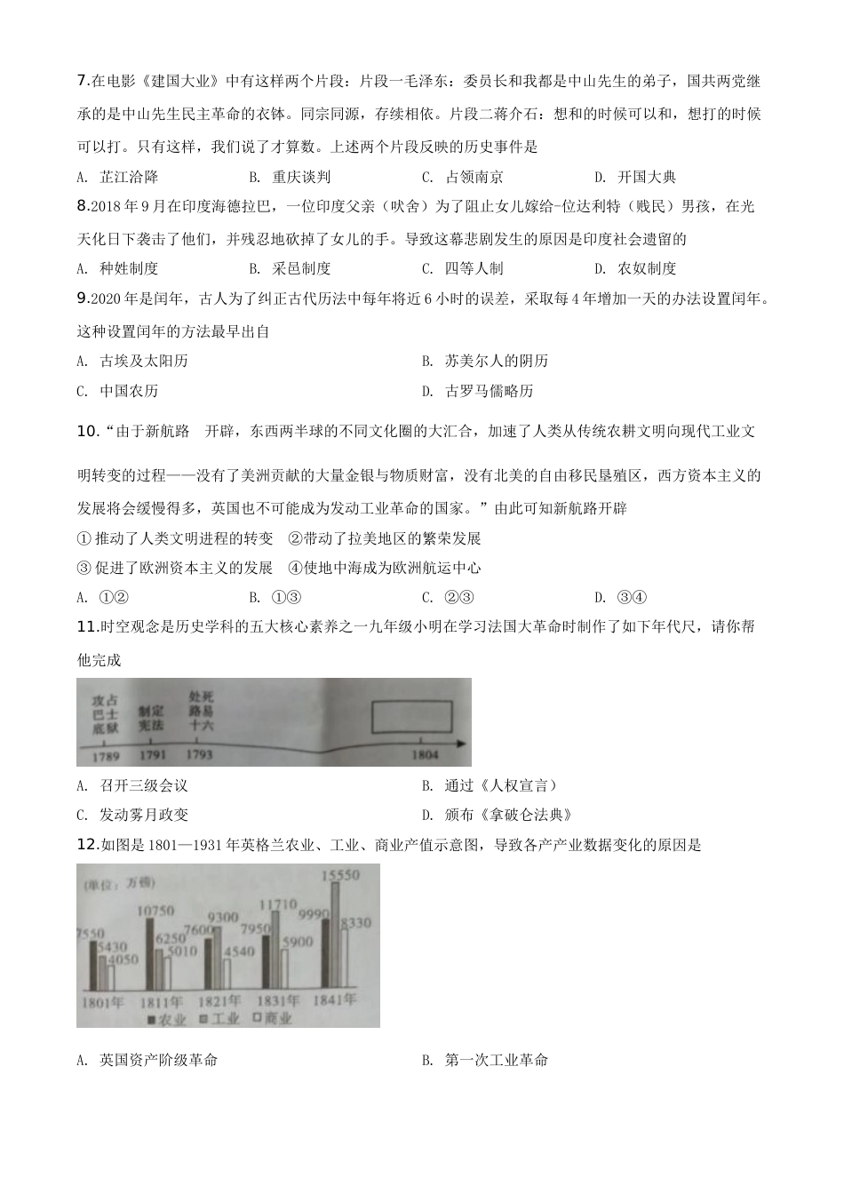 精品解析：湖南省郴州市2020年中考历史试题（原卷版）.doc_第2页