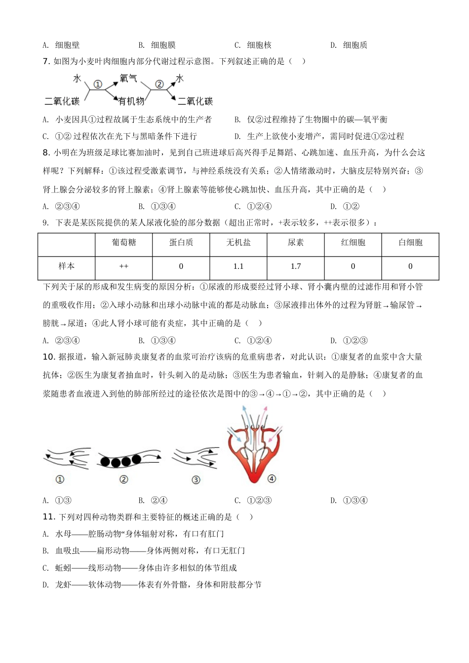 精品解析：湖北省宜昌市2021年中考生物试题（原卷版）.doc_第2页