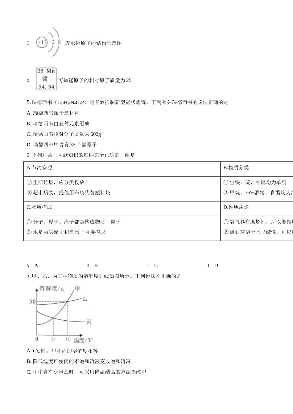 精品解析：湖北省孝感市2020年中考化学试题（原卷版）.doc_第2页