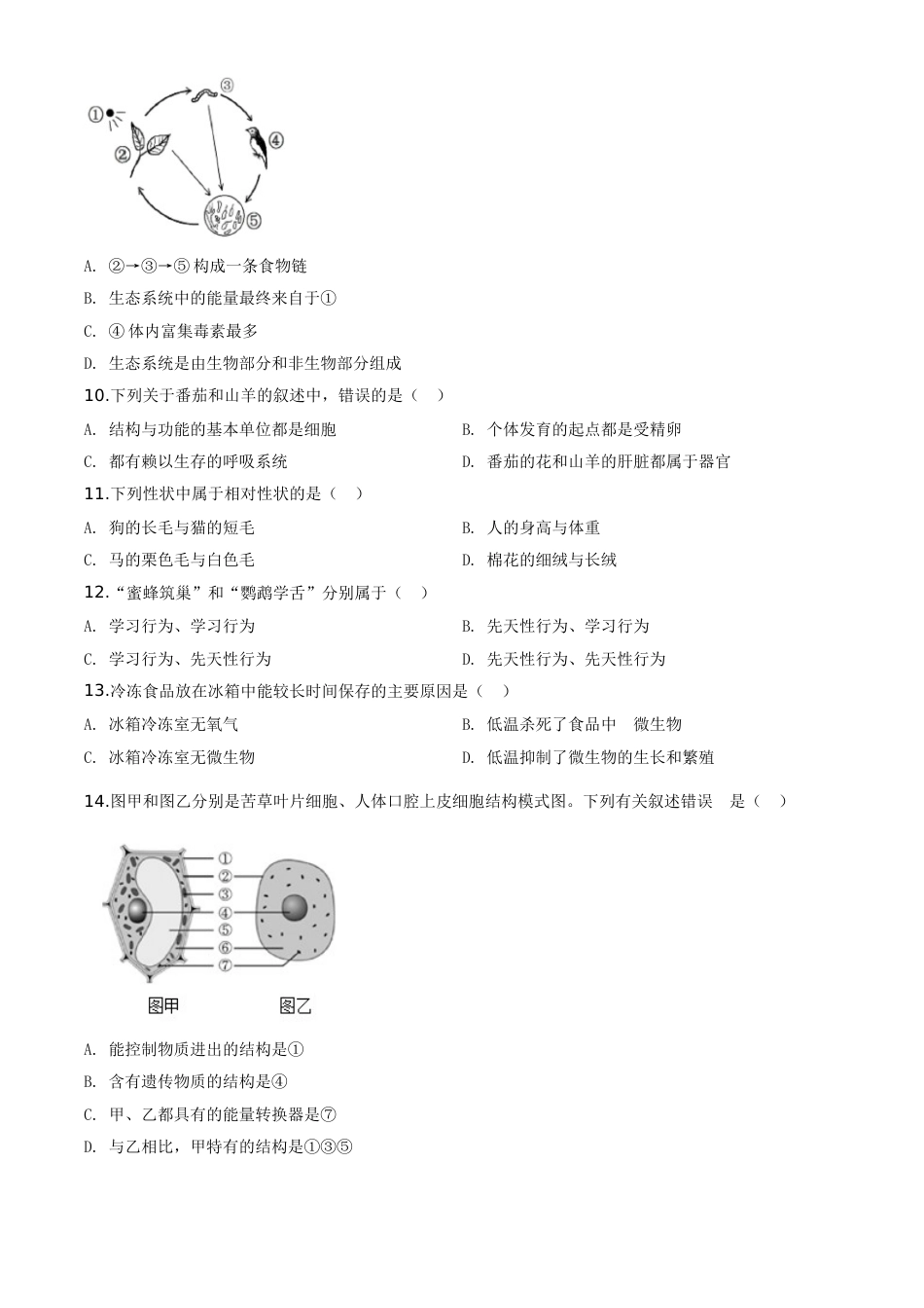 精品解析：海南省2020年中考生物试题（原卷版）.doc_第2页