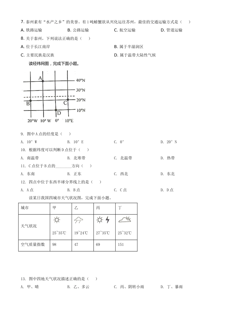 精品解析：江苏省泰州市2020年初中地理会考试题（原卷版）.doc_第2页
