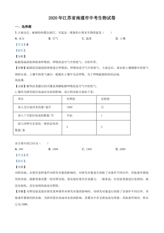 精品解析：江苏省南通市2020年会考生物试题（解析版）.doc