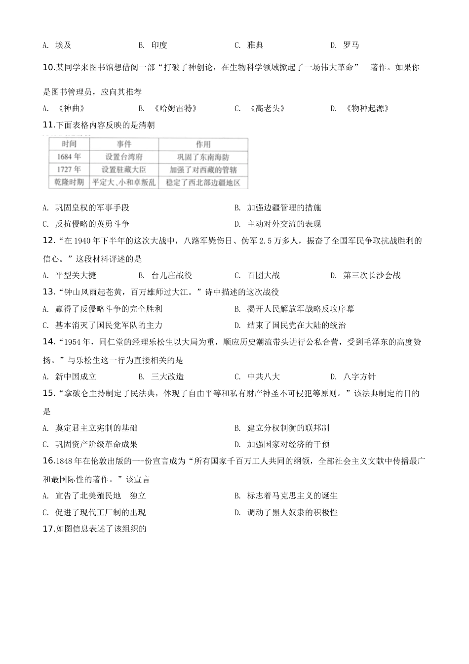 精品解析：江苏省连云港市2020年中考历史试题（原卷版）.doc_第2页