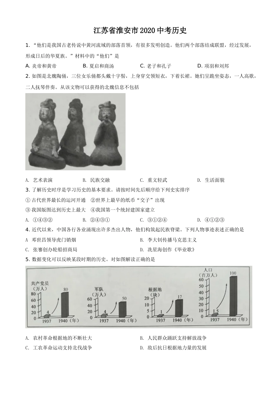 精品解析：江苏省淮安市2020年中考历史试题（原卷版）.doc_第1页