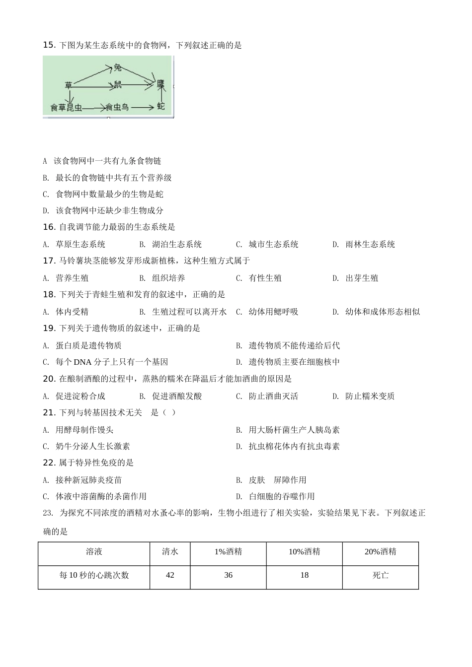 精品解析：江苏省常州市2021年中考生物试题（原卷版）(1).doc_第3页