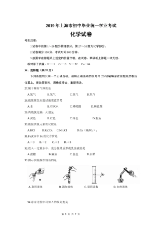 2019年上海市初中毕业统一学业考试 化学试卷及答案(1).docx