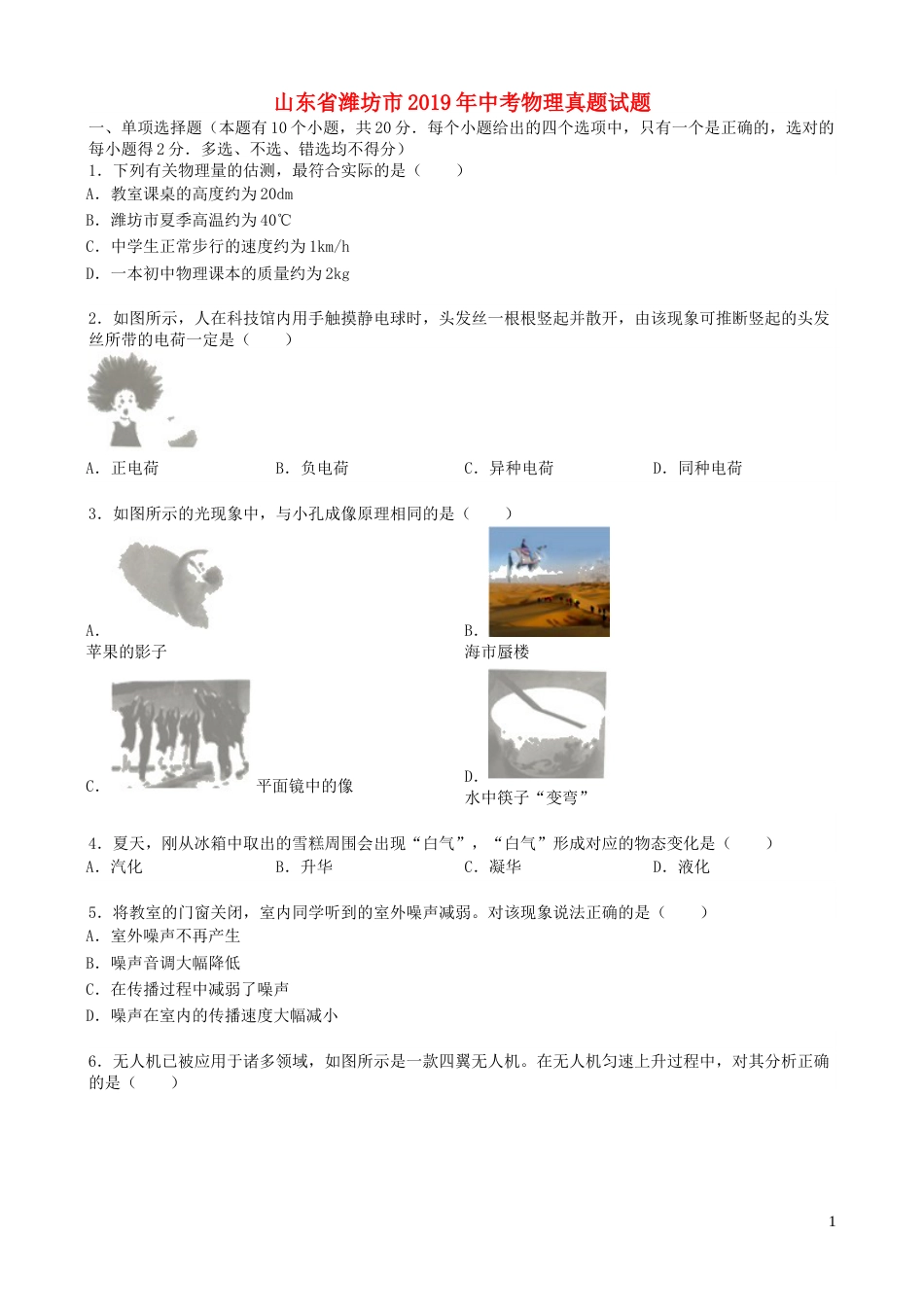 2019年山东潍坊市中考物理真word版含答案.docx_第1页