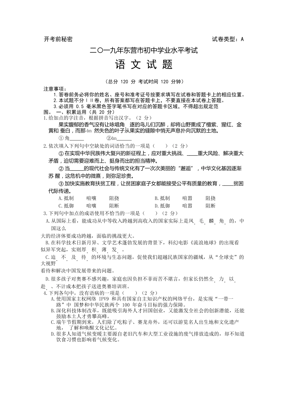 2019年山东省东营市中考语文试题(含答案).doc_第1页