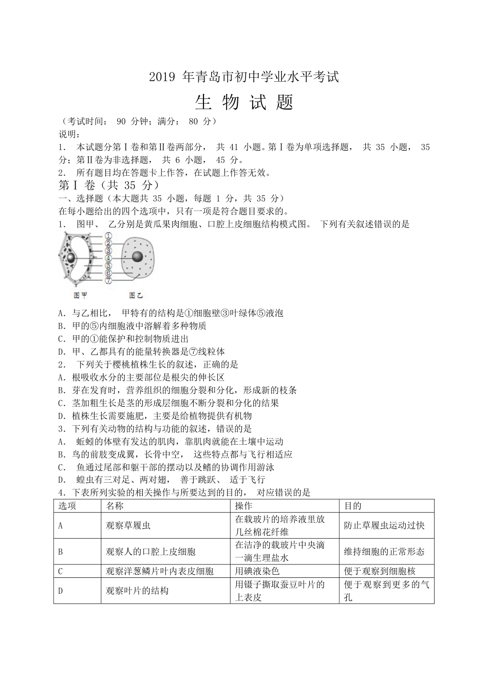 2019年山东青岛初中生物学业考试题及答案.doc_第1页
