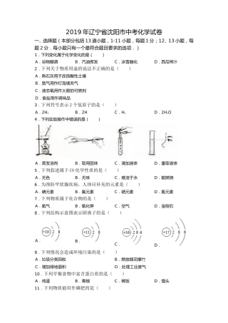 2019年辽宁省沈阳市中考化学试卷（word版，含答案）.doc