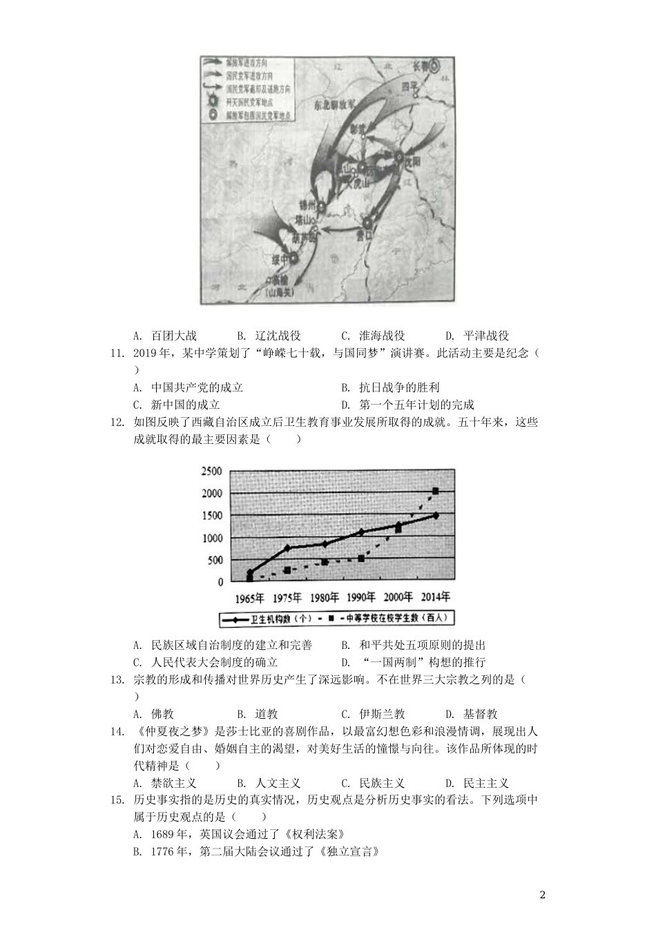 2019年江苏省泰州市中考历史试题及参考答案.docx_第2页