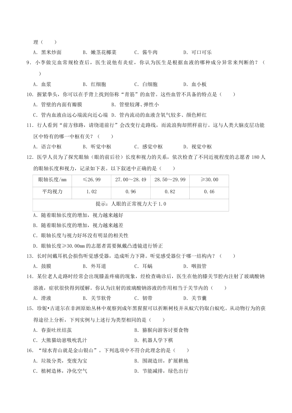 2019年湖南省湘潭市中考生物真题及答案.doc_第2页