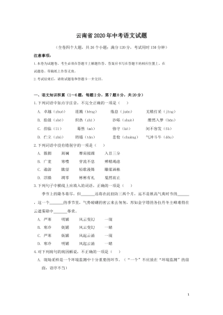 2020年云南省中招考试语文试题(word版，有答案).docx