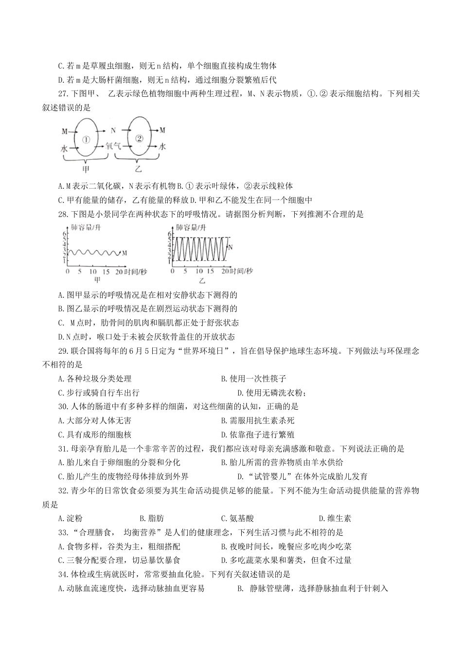 2020年四川绵阳中考生物真题及答案.doc_第2页