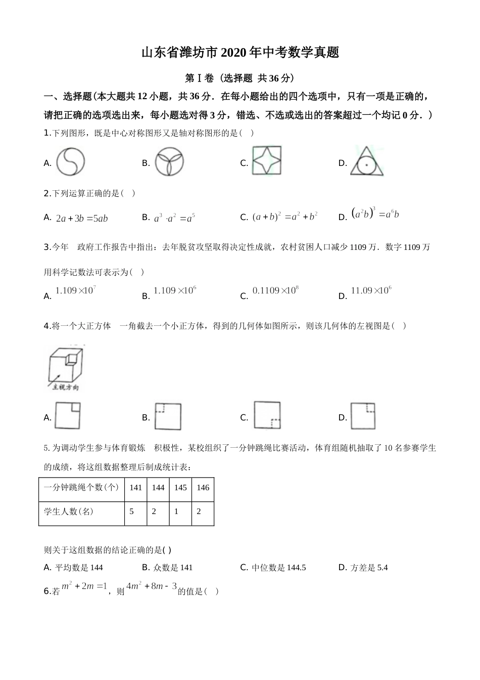 2020年山东省潍坊市中考数学试题及答案.doc_第1页