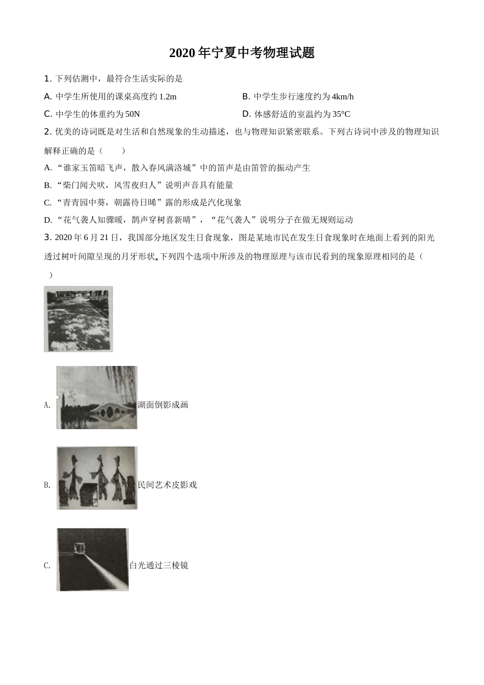 2020年宁夏中考物理试题（学生版）.doc_第1页